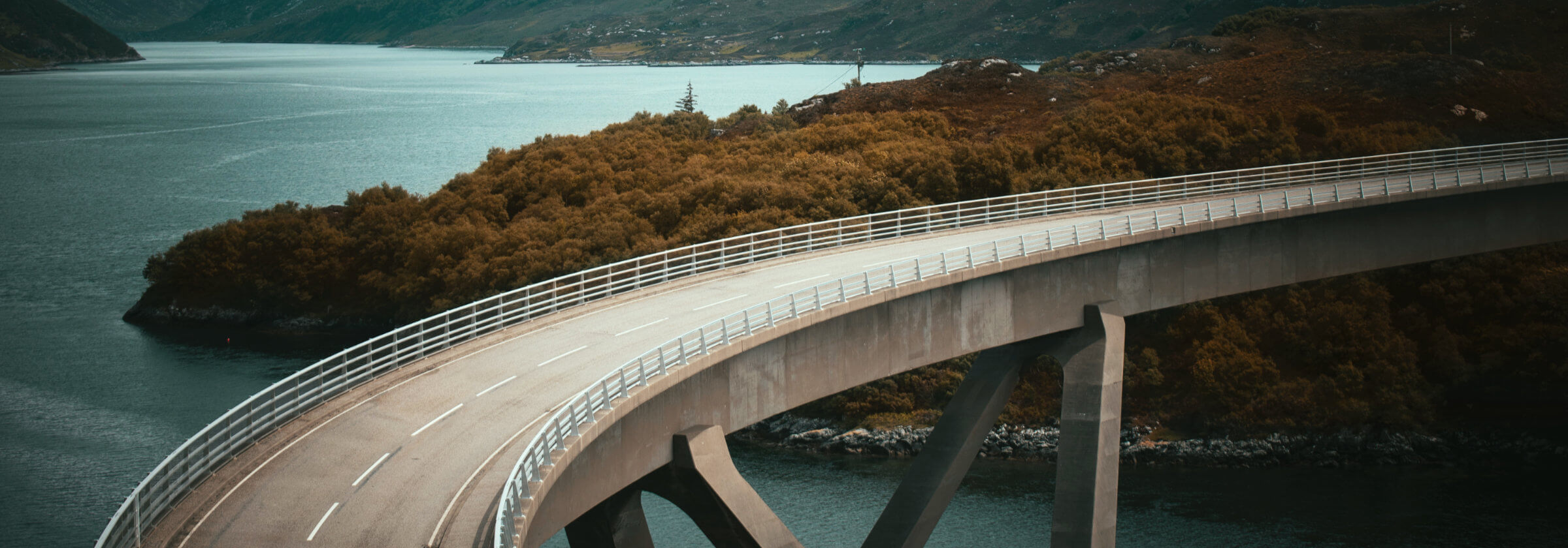 a curving bridge over a loch with trees and the base of mountains in the distance